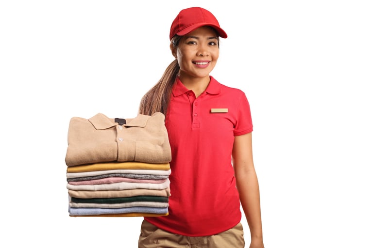 Dry clean worker holding a pile of folded clothes