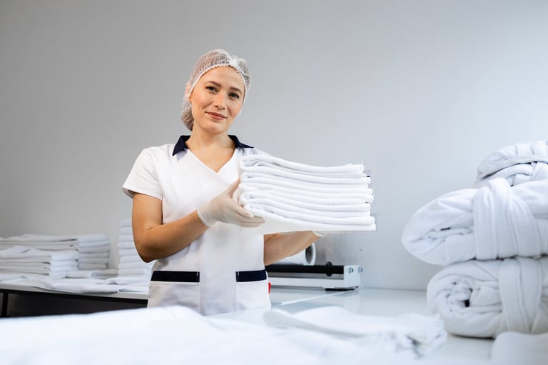 Professional female worker folding clean bedsheets in hotel laundry room