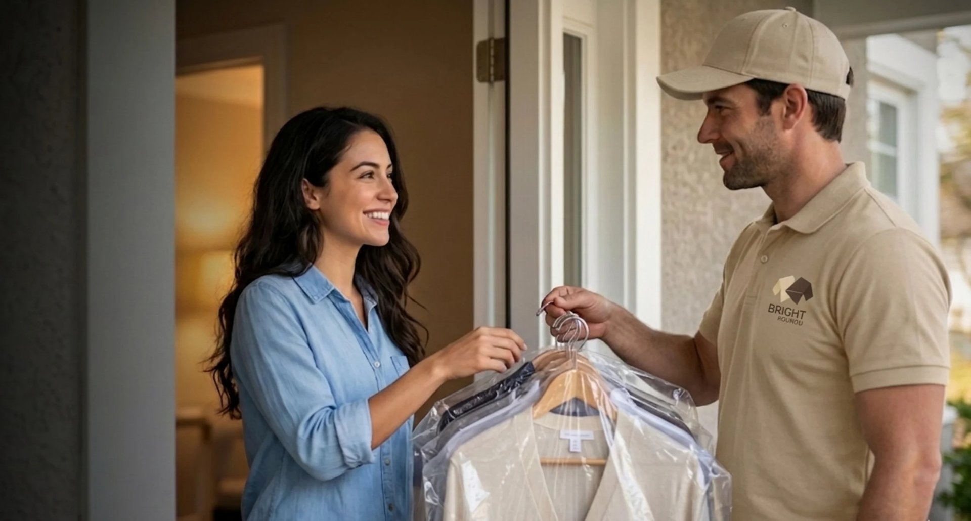 Delivery driver in tan uniform and cap handing a clothing item in clear plastic bag to a woman