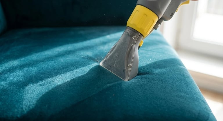 Upholstery cleaning tool with yellow band applying detergent to teal fabric surface